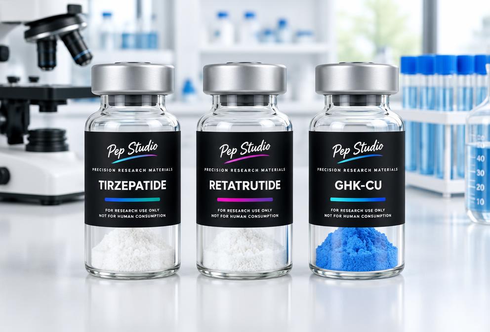 Three PEP STUDIO vials containing small amounts of dry powder beside a microscope in a bright laboratory